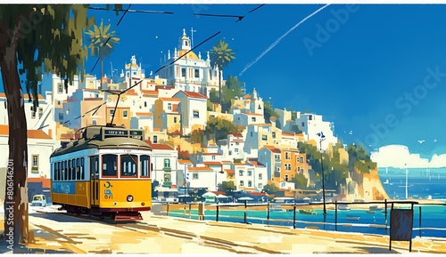 Cubist illustration of the streets and buildings in Alentejo, Portugal with a vintage tram passing.
