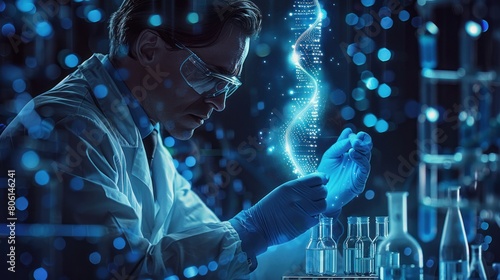 Immerse yourself in the realm of personalized medicine with a wide banner hologram presenting a scientist conducting pharmaceutical research, holding medical testing tubes or vials,  photo