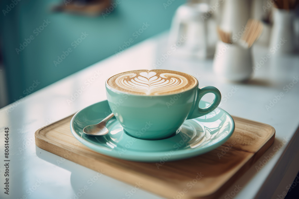 Obraz premium Cup with Latte Coffee. Heart shaped latte art