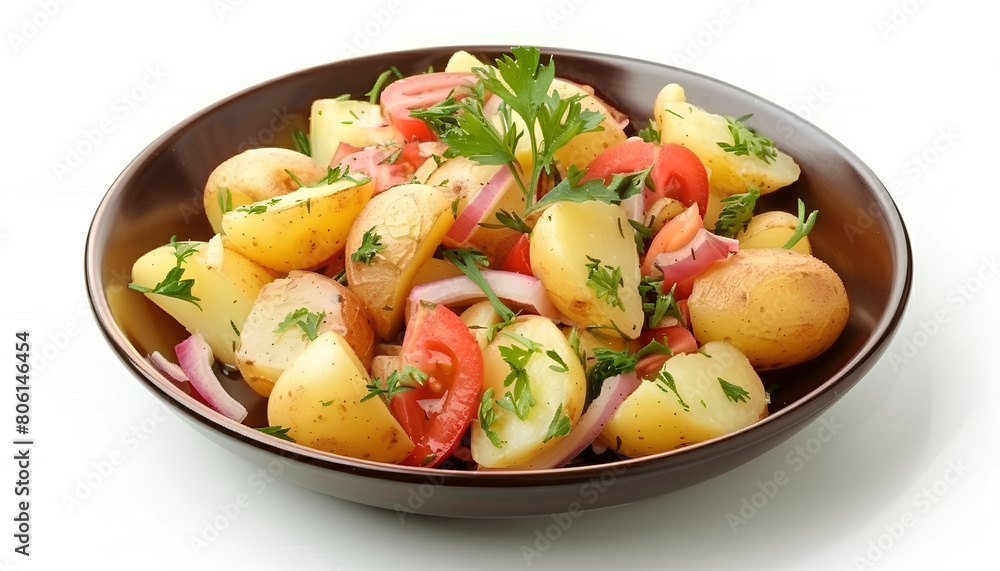 Plate of tasty Potato Salad with vegetables on white background Plate of tasty Potato Salad with vegetables on white background