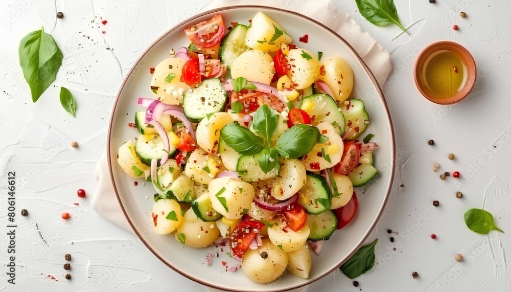 Plate of tasty Potato Salad with vegetables on white background Plate of tasty Potato Salad with vegetables on white background