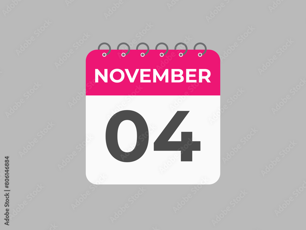 November 4 calendar reminder. 4 November daily calendar icon template. Calendar 4 November icon Design template. Vector illustration
November 4 calendar reminder. 4 November daily calendar icon template. Calendar 4 November icon Design template. Vector illustration
