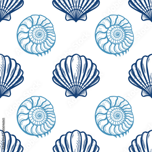 Marine Seamless pattern with shells in outline sketch style, vector illustration
