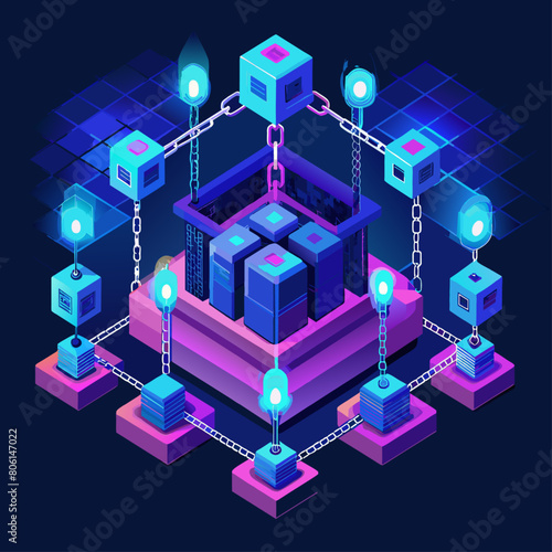 Digital blockchain concept backgrounds with glowing chains on dark, vivid bases for financial technology.