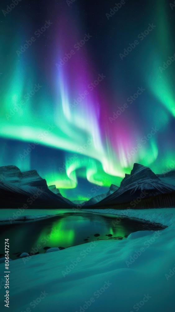 Vertical shot of the Northern Lights over a mountainous landscape, showcasing vivid green and blue hues in the night sky, reflecting over icy waters