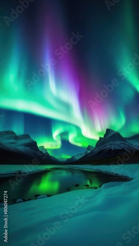 Vertical shot of the Northern Lights over a mountainous landscape, showcasing vivid green and blue hues in the night sky, reflecting over icy waters