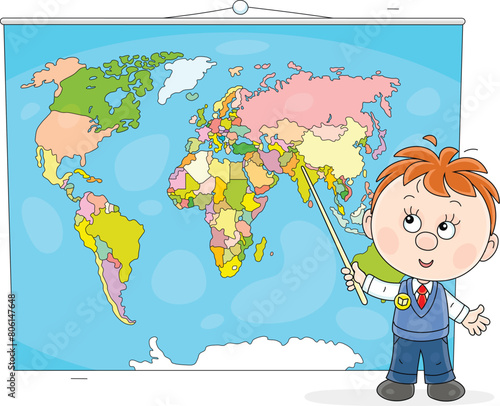 Little schoolboy pointing to countries on a World map and telling about them at a lesson in a geography class of a primary school, vector cartoon illustration on white
