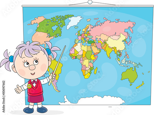 Little schoolgirl pointing to countries on a World map and telling about them at a lesson in a geography class of a primary school, vector cartoon illustration on white