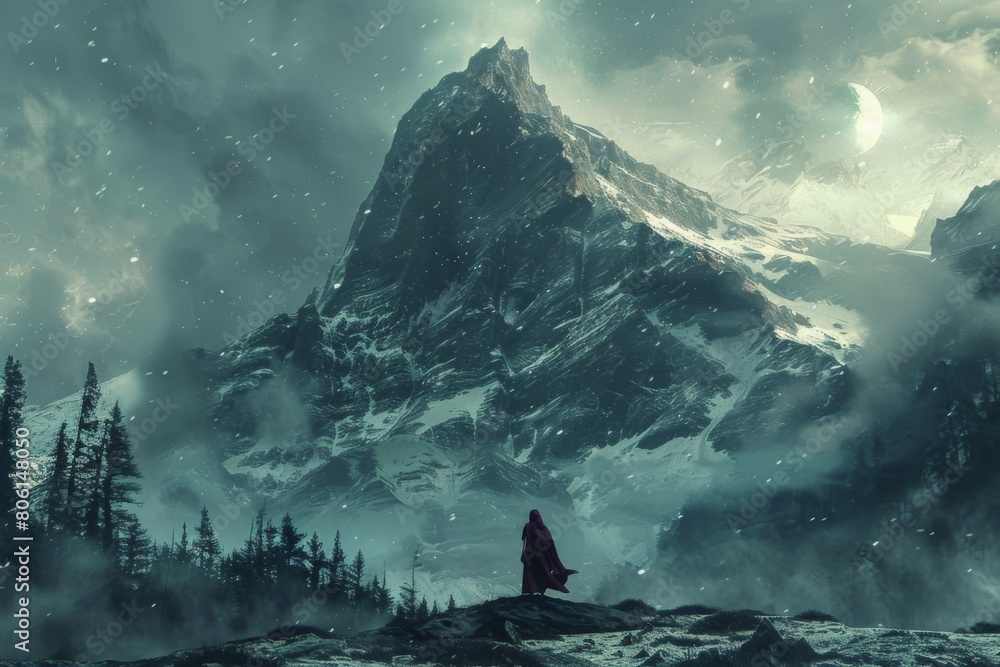 A man stands on a mountain top, looking out over a snowy landscape A man stands on a mountain top, looking out over a snowy landscape