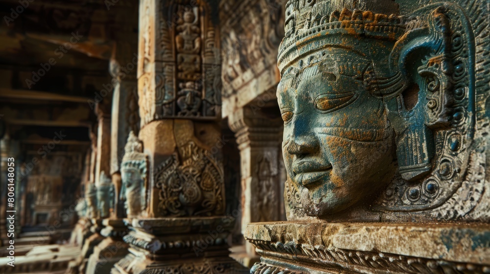 A row of statues of faces are lined up in a row. The faces are made of stone and are very old. The statues are very detailed and have a sense of history and importance