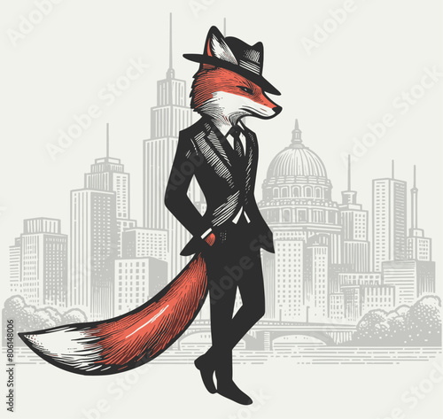 fox wearing a suit in the city vintage illustration