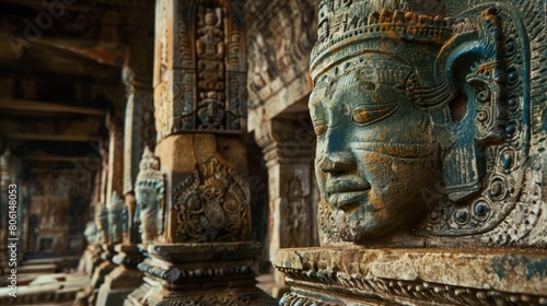 A row of statues of faces are lined up in a row. The faces are made of stone and are very old. The statues are very detailed and have a sense of history and importance