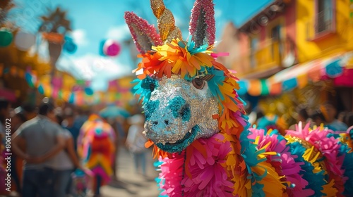 A colorful unicorn made of paper is standing in a crowd of people. The unicorn is surrounded by colorful decorations and is smiling. Scene is cheerful and festive