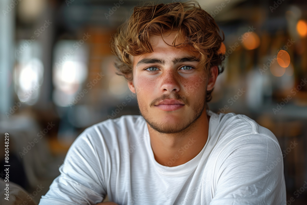 Close up portrait of young man with neutral face expression in white shirt Close up portrait of young man with neutral face expression in white shirt