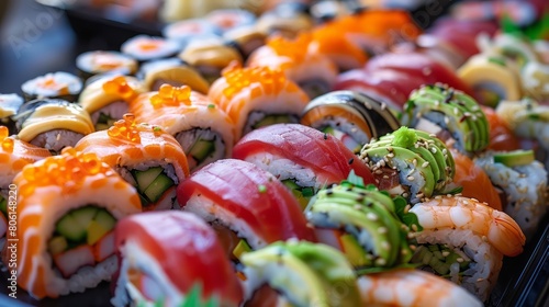 A tray of sushi with a variety of colors and shapes. The sushi is arranged in a way that makes it look like a colorful and appetizing display
