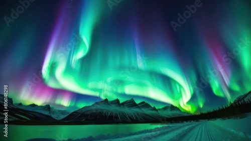 Northern Lights over a mountainous landscape  showcasing vivid green and blue hues in the night sky  reflecting over icy waters