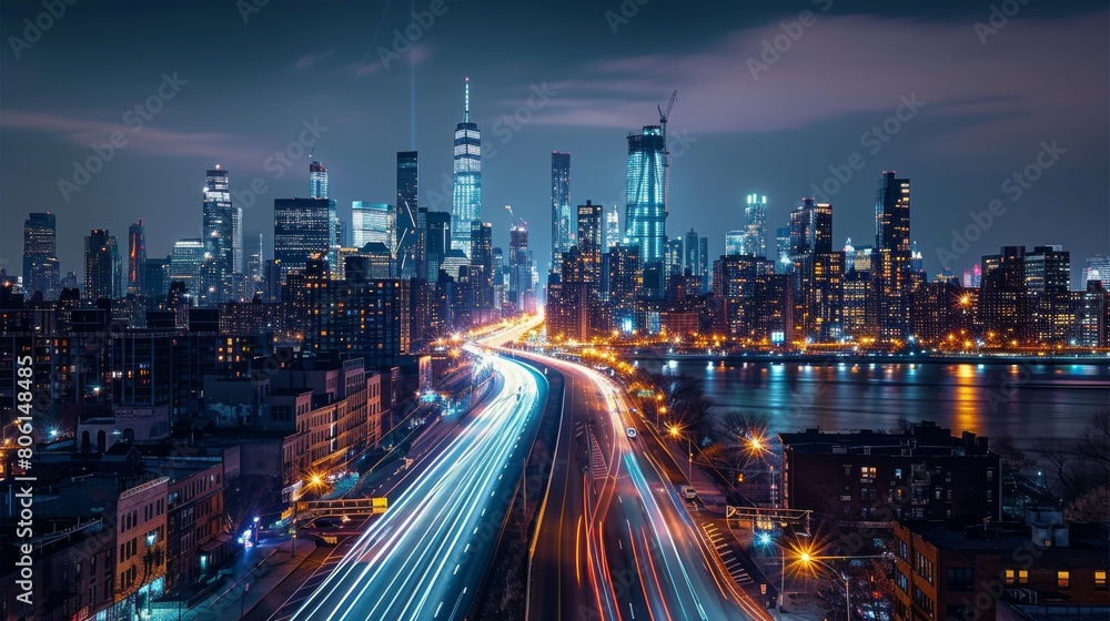 Stunning night view of the modern city skyline with dynamic light trails on buildings and busy streets below. Generative AI.