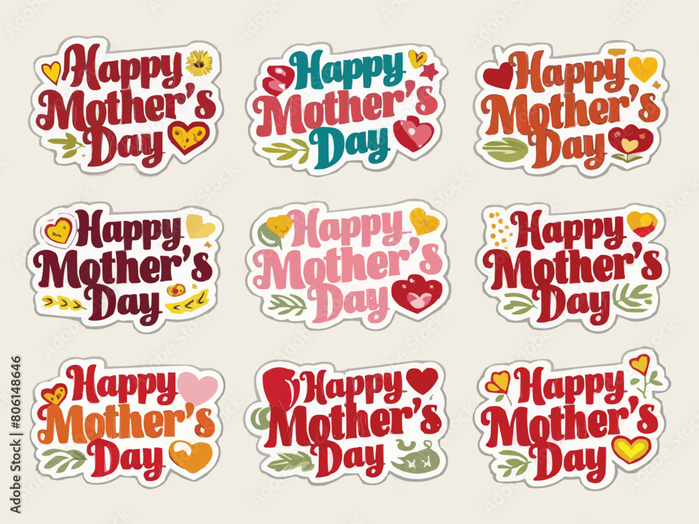 Happy mothers day typography stickers with diverse fonts hearts star vector design