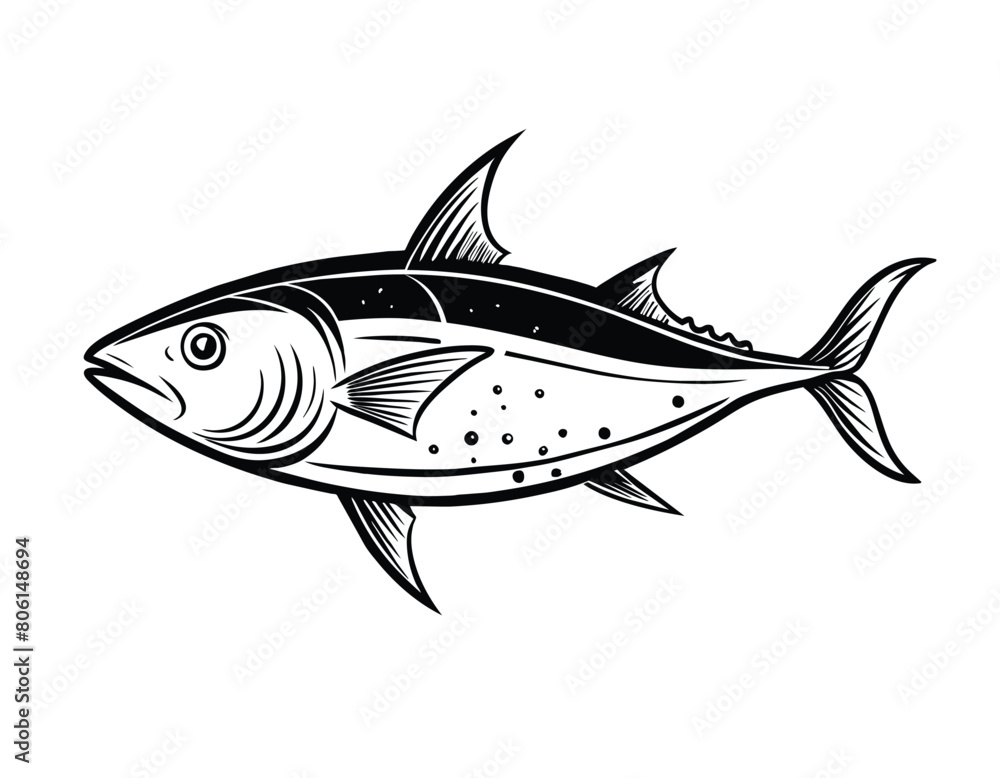 Fototapeta premium Tuna black outline in sketch style on white background, vector illustration
