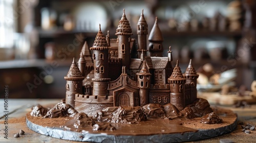 A chocolate castle is sitting on a table. The castle is made of chocolate and has a rocky, mountainous appearance. The castle is surrounded by a lot of chocolate, giving it a very rich photo