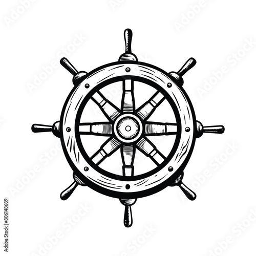 Ship's rudder outline in sketch style on white background, vector illustration