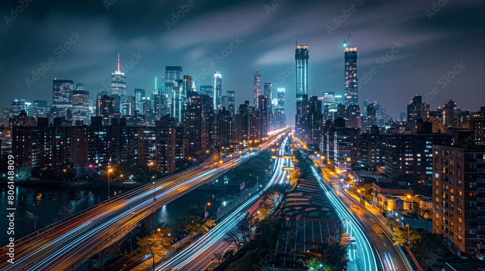 Stunning night view of the modern city skyline with dynamic light trails on buildings and busy streets below. Generative AI.