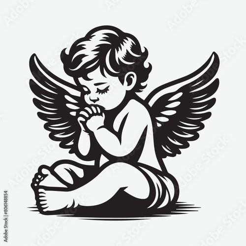 Baby angel praying Vector Illustration silhouette. angel or cupid little baby silhouette vector illustration