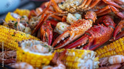 A seafood boil extravaganza with a medley of crab legs, shrimp, crawfish, and corn on the cob, seasoned to perfection and served family-style.