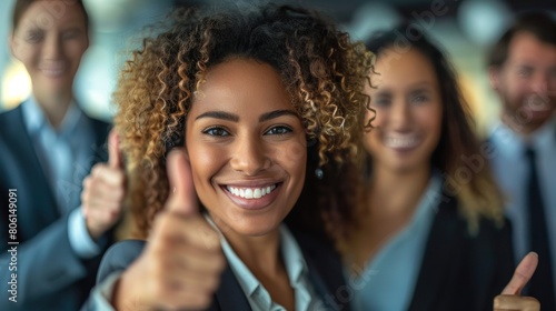 Against the backdrop of professional collaboration, the businesswoman genuine smile and thumbs-up gesture epitomize the spirit of teamwork and mutual support