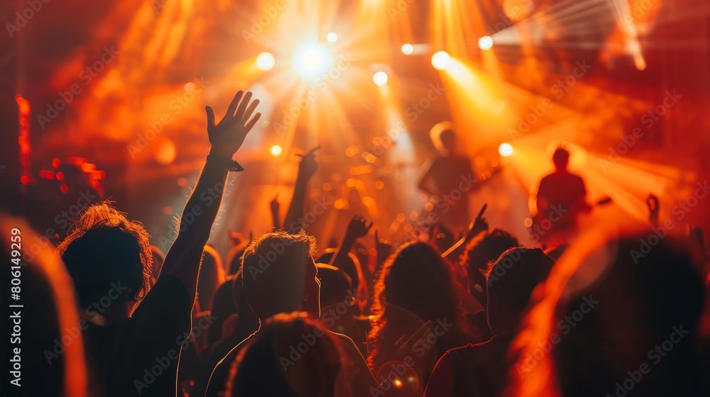 A crowd of people are at a concert, with one person holding up their hand in the air. The atmosphere is energetic and lively, with everyone enjoying the music and the performance