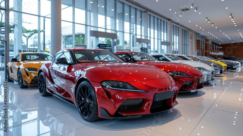 Picture of a new car parked in a car showroom waiting for sale. Idea of buying more of a new car by splitting the cost.