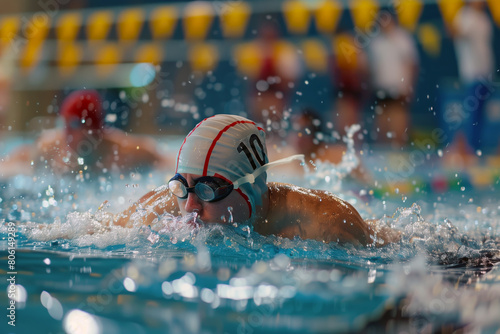 The foreground swimmer, wearing a white and black swim cap and goggles, executes a breaststroke, creating dynamic splashes in the brightly lit pool.   © Peeradontax