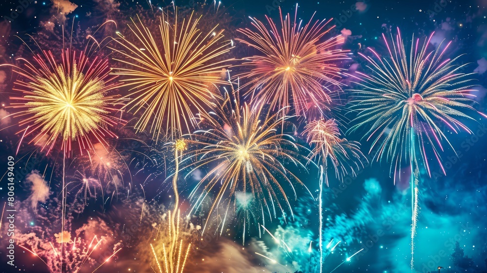 A fireworks display with a blue sky background. The fireworks are in different colors and are lit up in the night sky A fireworks display with a blue sky background. The fireworks are in different colors and are lit up in the night sky