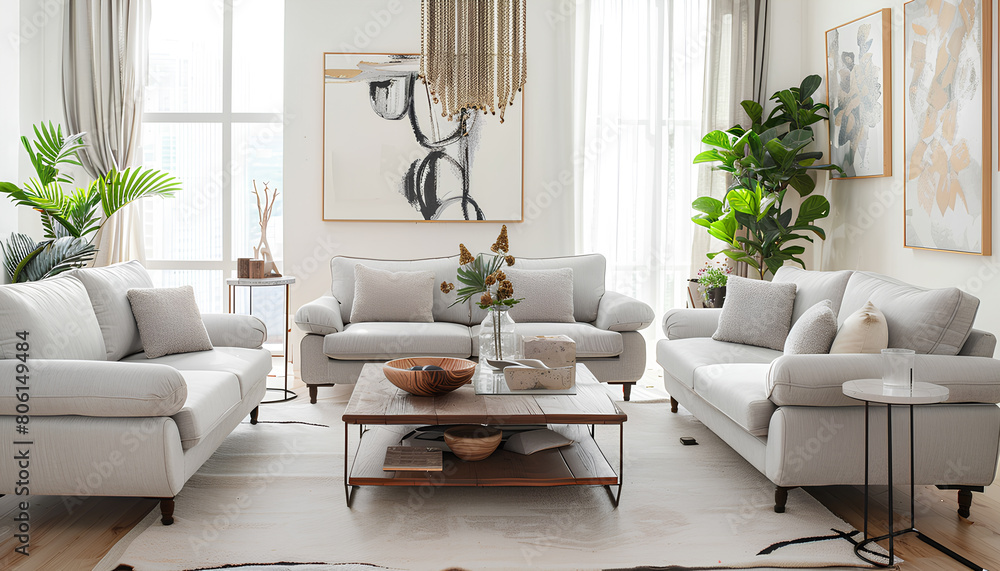 Fototapeta premium Interior of bright living room with cozy grey sofas and coffee table