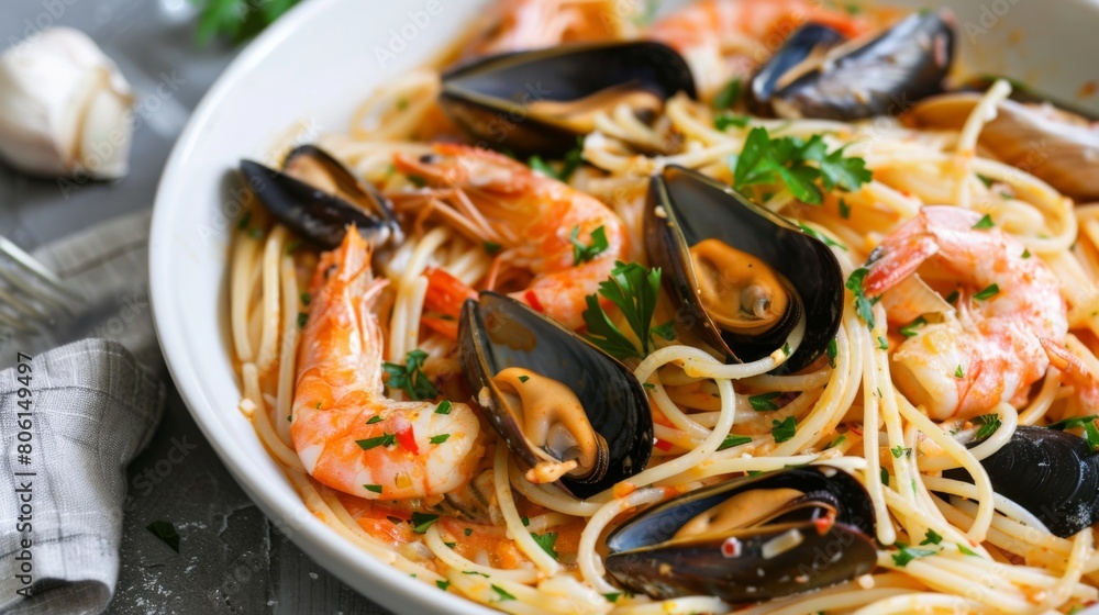 A seafood linguine pasta dish tossed in a garlic white wine sauce, adorned with clams, mussels, shrimp, and a sprinkle of fresh parsley, divine! A seafood linguine pasta dish tossed in a garlic white wine sauce, adorned with clams, mussels, shrimp, and a sprinkle of fresh parsley, divine!