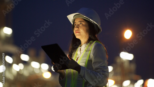 A female engineer, equipped with a hard hat and reflective vest, multitasks with a tablet and smartphone during night operations at an industrial facility.
 photo