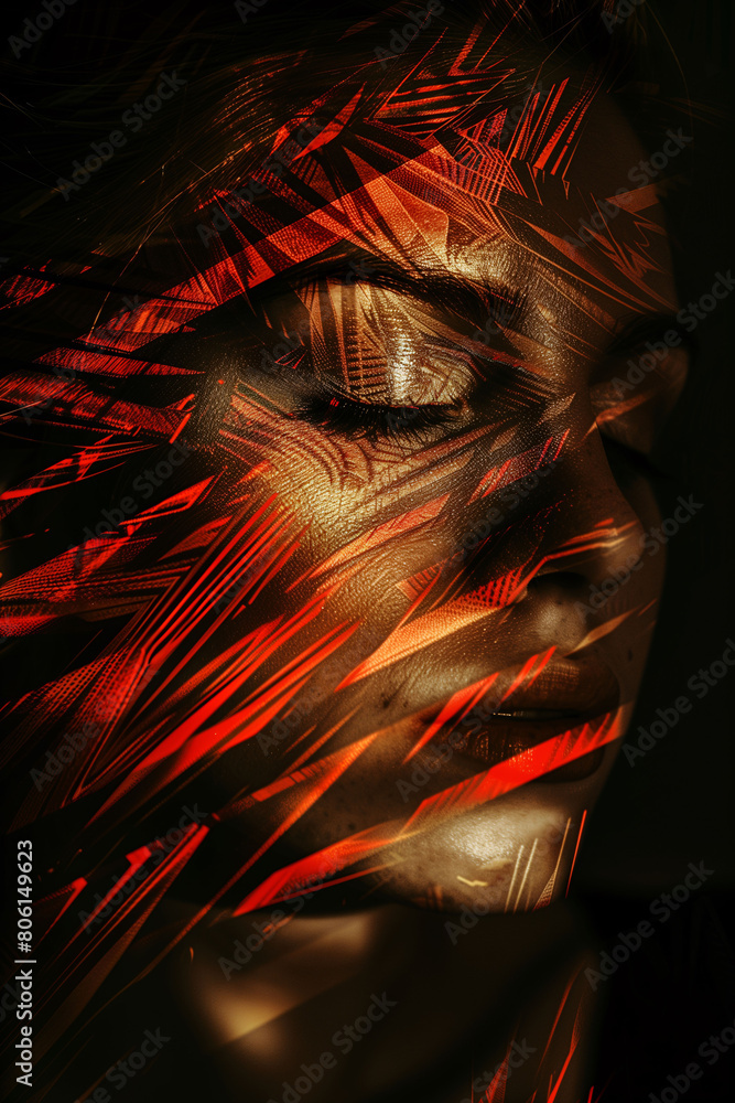 Abstract female portrait in geometric patterns, blending shades of red and black to create a striking visual effect Abstract female portrait in geometric patterns, blending shades of red and black to create a striking visual effect