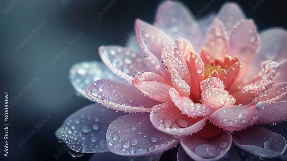 A beautiful pink flower with dew drops on it. The flower is the main focus of the image and it gives off a sense of freshness and tranquility A beautiful pink flower with dew drops on it. The flower is the main focus of the image and it gives off a sense of freshness and tranquility