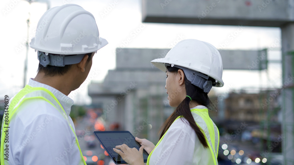 Two engineers in hard hats and reflective vests actively discuss and point at details in construction plans on a busy site.
Two engineers in hard hats and reflective vests actively discuss and point at details in construction plans on a busy site.