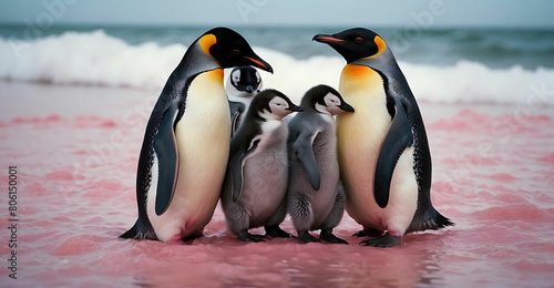 Group of penguins on the beach summer vacation concept.