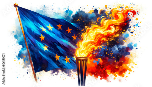 Dynamic image of a torch blazing against the European Union flag backdrop, symbolizing energy and progress in Europe. Suitable for content related to EU policies, unity, and reform. Copy space 