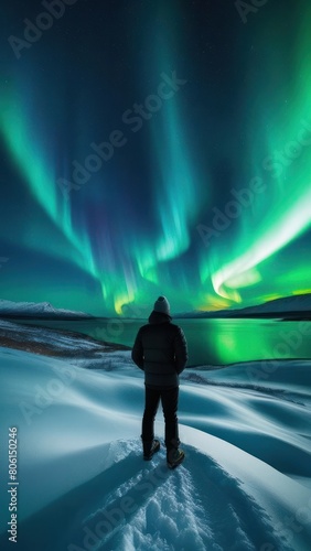 Northern Lights  Aurora Borealis  casting an ethereal glow over a snowy landscape  with a lone figure observing this natural wonder. Vertical shot