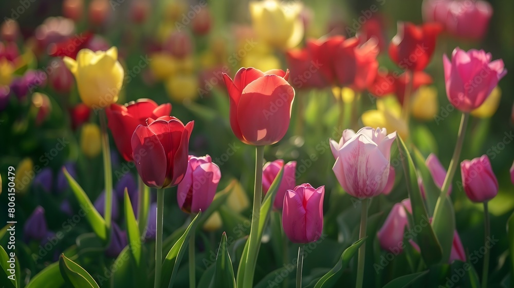  A cluster of tulips blooming in vibrant hues in a garden. . 
