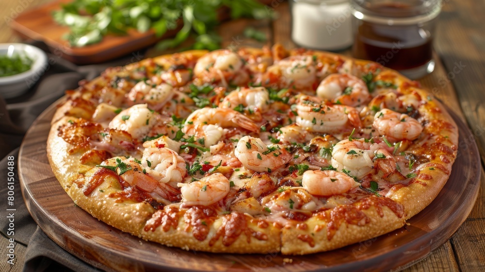 A seafood pizza masterpiece with a crispy thin crust, topped with succulent shrimp, tender calamari, sweet crab meat, and tangy marinara sauce. A seafood pizza masterpiece with a crispy thin crust, topped with succulent shrimp, tender calamari, sweet crab meat, and tangy marinara sauce.