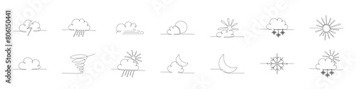Weather one single line symbols set. Continuous editable stroke hand drawn line. Vector stock illustration isolated on white background for design template travel blog, meteorology forecast day.