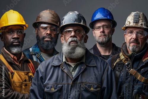 Construction workers, clad in their work gear, strike a pose together in a cinematic setting, highlighting their teamwork and unity. © Surachetsh