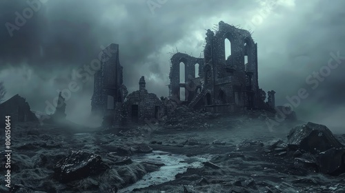 A desolate landscape with a ruined building in the background. The sky is dark and cloudy, and the atmosphere is eerie and foreboding photo