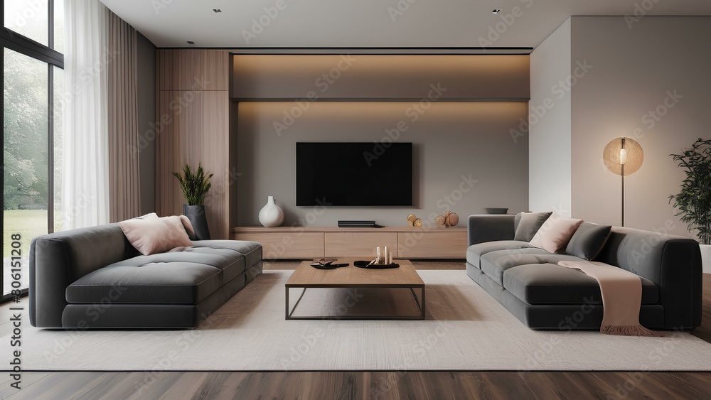 A living room with a large flat screen TV and a couch. The room is decorated in a modern style with a neutral color palette. The mood of the room is calm and relaxing A living room with a large flat screen TV and a couch. The room is decorated in a modern style with a neutral color palette. The mood of the room is calm and relaxing