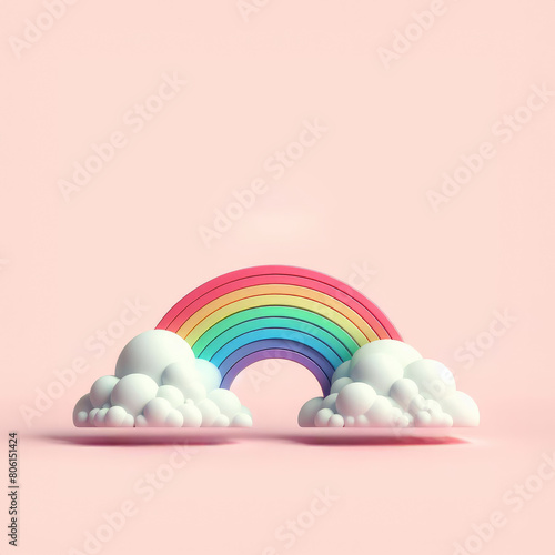 Cartoon rainbow between clouds on pink background