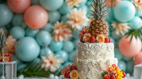 A white cake with a pineapple on top and strawberries and oranges around it. The cake is placed on a table in front of a wall with balloons and flowers. Scene is festive and celebratory © Sasikharn